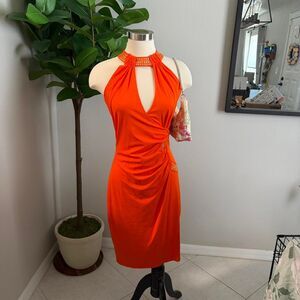 Cache vintage Y2K Dress Orange and Gold Halter Neck Glam Medium